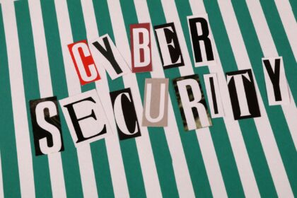 Cyber security concept depicted with a creative text collage on striped background.