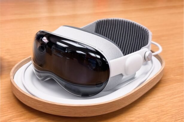 A sleek and modern virtual reality headset on a wooden surface.