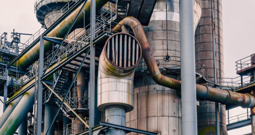 Close-up view of rusted industrial plant pipes and structures showcasing engineering marvels.