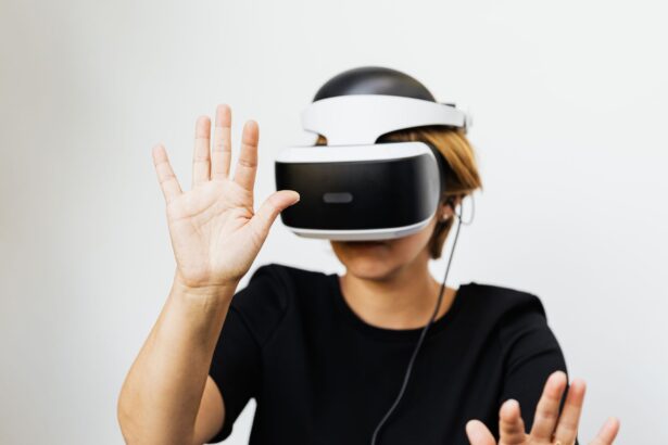 Woman experiencing virtual reality with VR headset on white background.