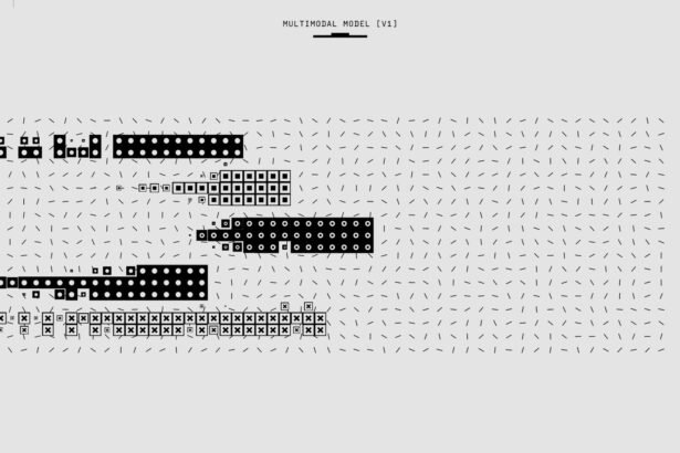 Abstract black and white graphic featuring a multimodal model pattern with various shapes.