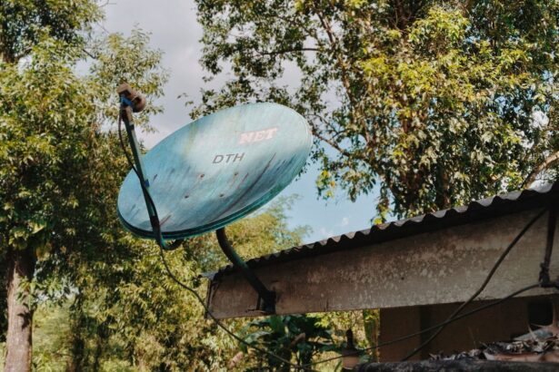 A satellite dish on a rural rooftop amidst tall green trees, capturing a rustic ambience.