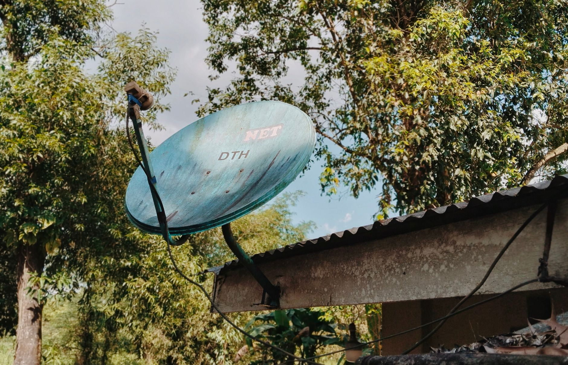 A satellite dish on a rural rooftop amidst tall green trees, capturing a rustic ambience.