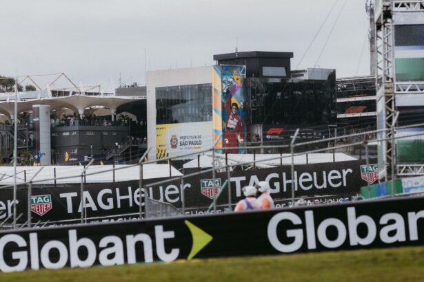 View of the São Paulo race track with advertising banners and crowd, ideal for motorsport themes.