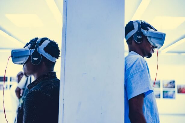 Two adults wearing VR headsets in an indoor exhibition setting.