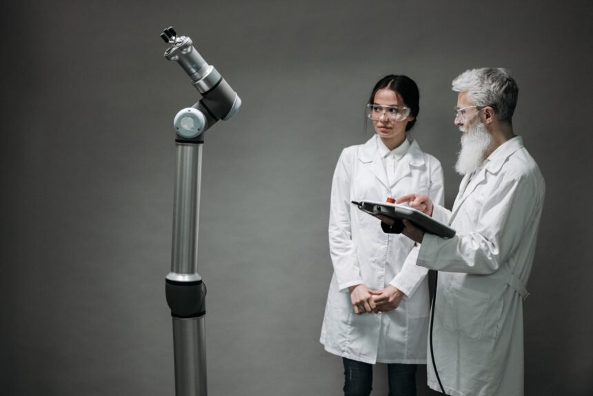 Researchers working with advanced robotics technology in a laboratory setting.