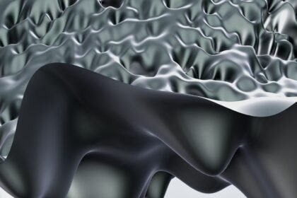 Futuristic abstract design featuring metallic curves and wave patterns in monochrome tones.