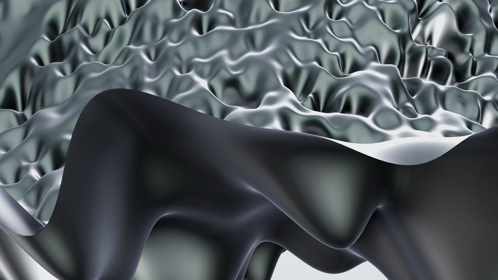 Futuristic abstract design featuring metallic curves and wave patterns in monochrome tones.
