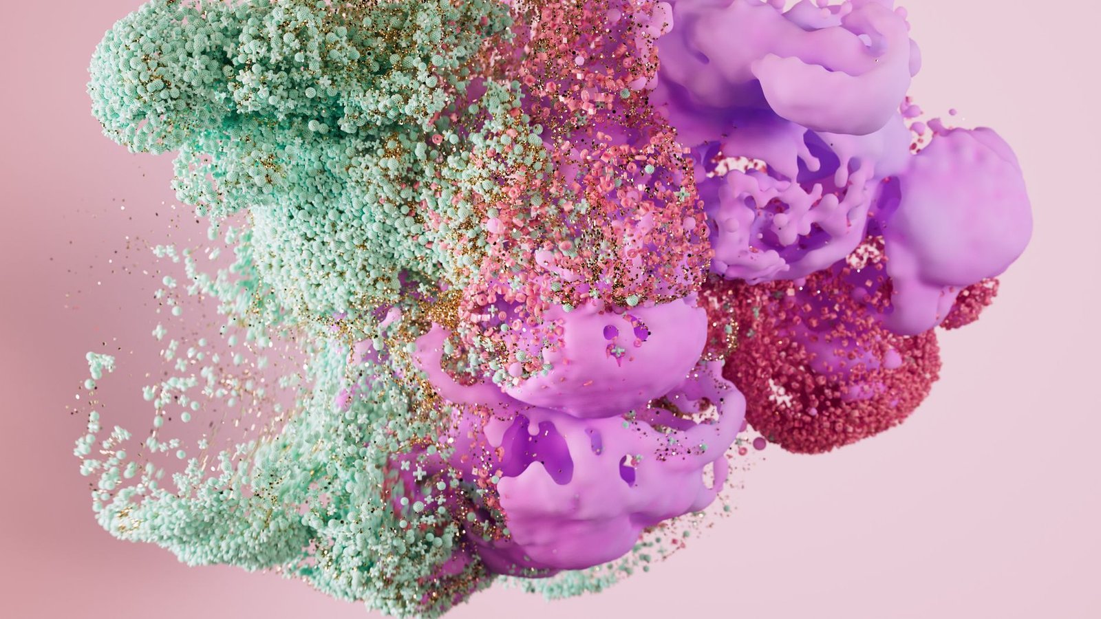 Dynamic abstract composition of colorful particles and shapes, blending vivid textures and hues.