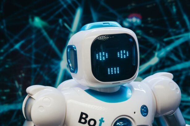 Close-up of a futuristic humanoid robot with a digital face display, representing modern technology.