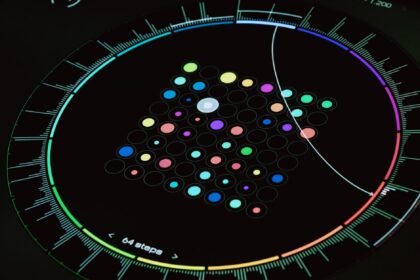 A vibrant, futuristic digital interface with circular patterns, ideal for technology themes.