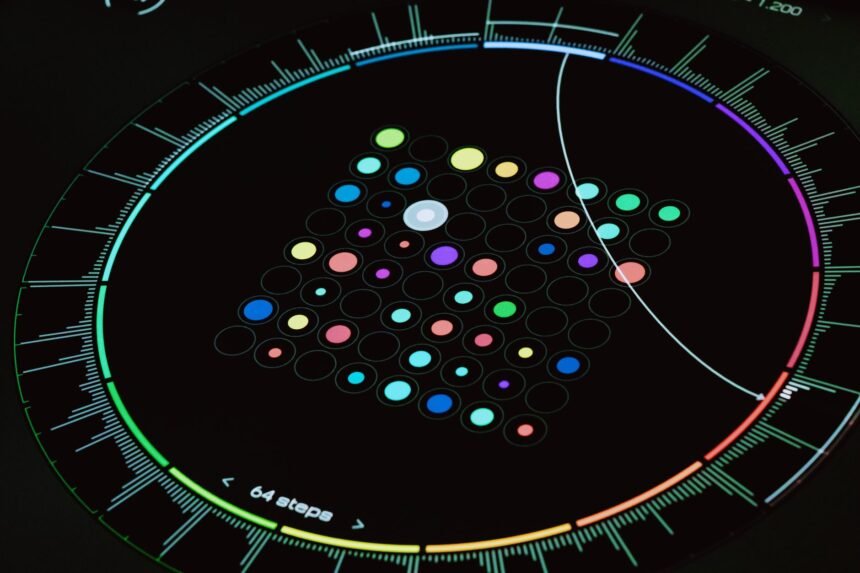 A vibrant, futuristic digital interface with circular patterns, ideal for technology themes.