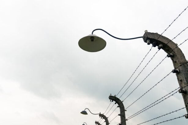 Low angle view of an overcast sky with barbed wire fence and lamps.