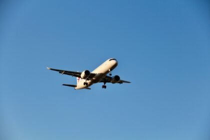 Commercial airplane flying during daytime with clear blue sky background, showcasing aviation and travel themes.
