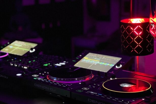 Close-up of a DJ mixing station with vibrant lights and sound equipment, perfect for music events.