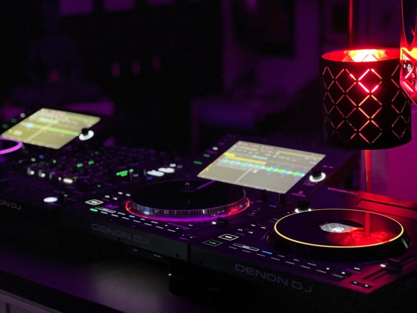 Close-up of a DJ mixing station with vibrant lights and sound equipment, perfect for music events.
