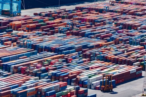 A bustling port with colorful cargo containers, aerial view showcasing global trade.