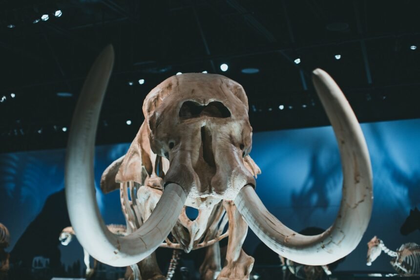 Discover an impressive woolly mammoth skeleton on display in a museum setting, emphasizing its grandeur.