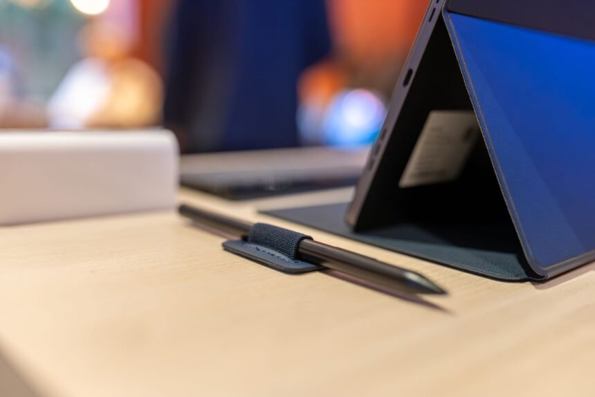A contemporary workspace featuring a tablet and stylus on a wooden desk, emphasizing modern digital tools.