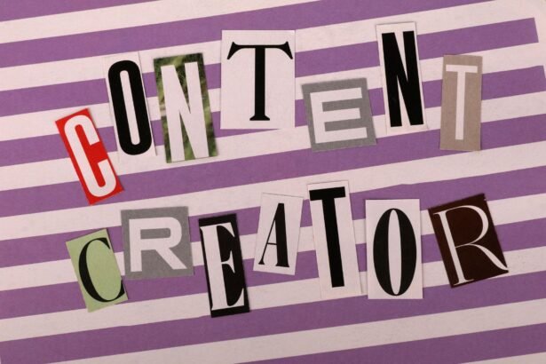 Artistic collage spelling 'Content Creator' using various fonts on a striped background.