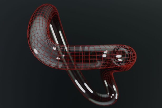 A modern 3D abstract wireframe shape with a shiny reflective surface on a dark background.