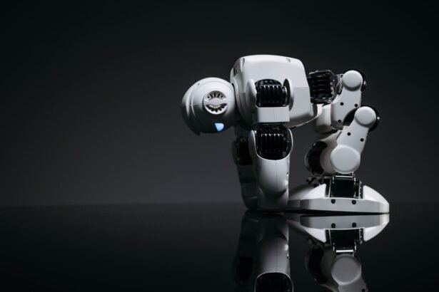 A modern robot toy depicted in a studio environment with its reflection visible on a dark surface.