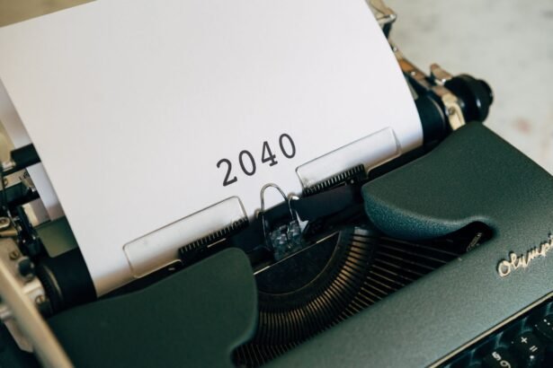Close-up of a vintage typewriter with a paper showing the year 2040, capturing a nostalgic yet futuristic feel.