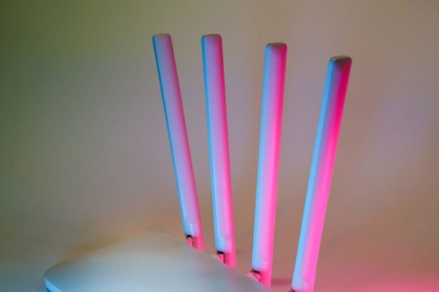 A sleek wireless router enhanced by vibrant neon lights, showcasing cutting-edge technology.