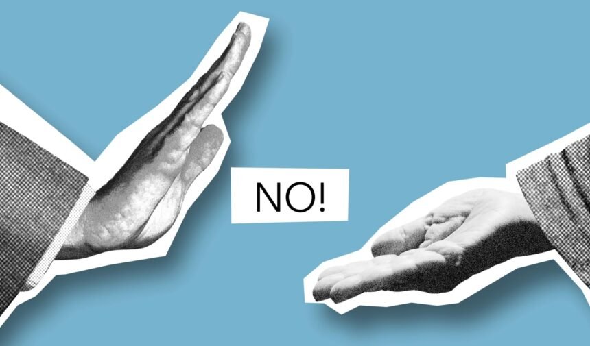 Cutout paper composition representing male showing rejection to outstretched helping hand during negotiations