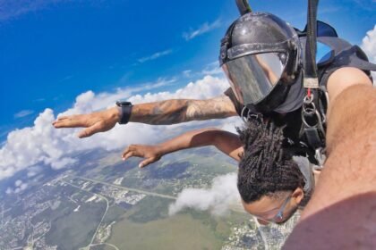 Dive into adventure with this thrilling tandem skydiving jump high above the earth.