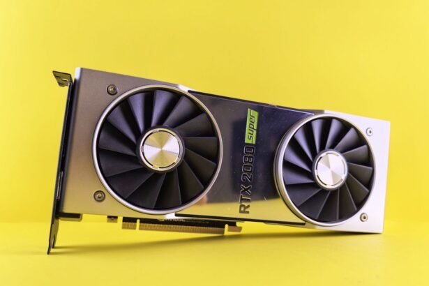 Close-up of a RTX 2080 Super graphics card against a bright yellow backdrop, showcasing high-tech design.