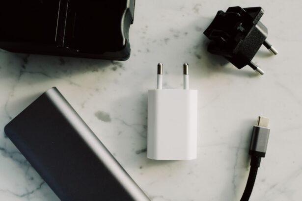 A collection of electronic adapters and chargers featuring USB-C and other connectors on a marble surface.