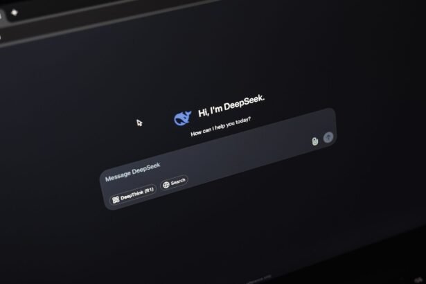 Screen displaying AI chat interface DeepSeek on a dark background.