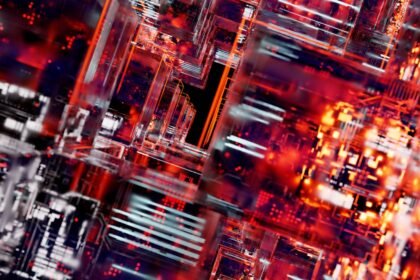 Intricate abstract visualization of digital circuit blocks with vibrant LED lights, showcasing technology and innovation.