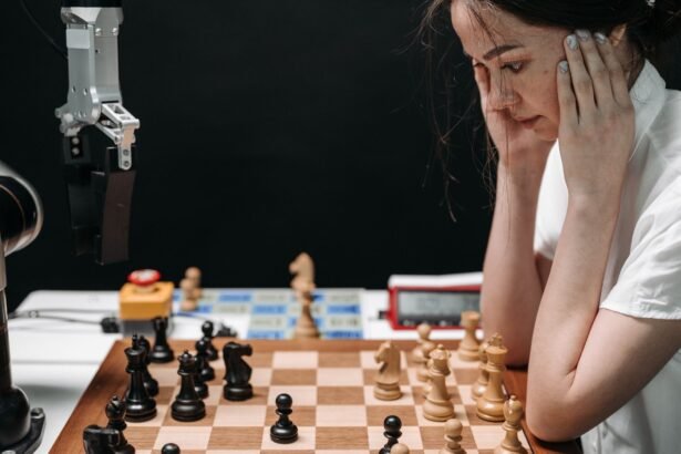 A woman engaged in a thought-provoking chess game with a robotic opponent.