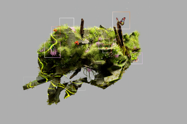 3D rendered abstract eco-system depicting nature and technology symbiosis.