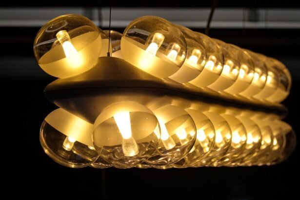 Artistic view of glowing pendant lights with stunning reflection and ambient design.