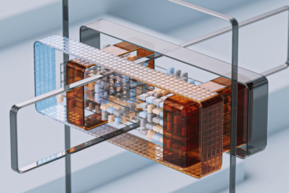 Modern abstract 3D render showcasing a complex geometric structure in cool hues.