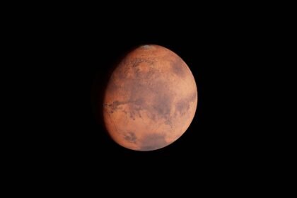 Detailed view of Mars showcasing its surface features against a dark sky backdrop.