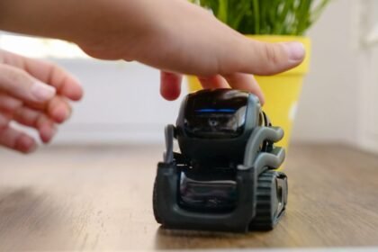 Modern miniature robot being pet by a hand, showcasing technology interaction.
