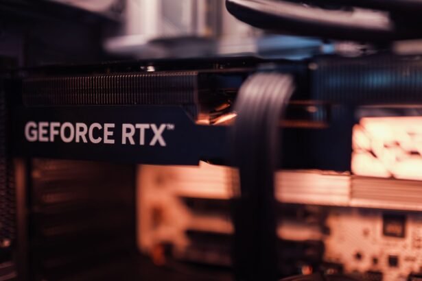 Detailed view of a GeForce RTX graphics card installed in a computer setup, highlighting modern technology.
