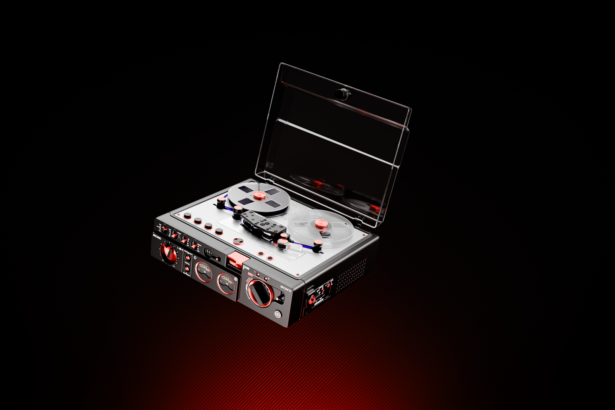 Retro tape recorder with open lid against dramatic black background. Isolated display.