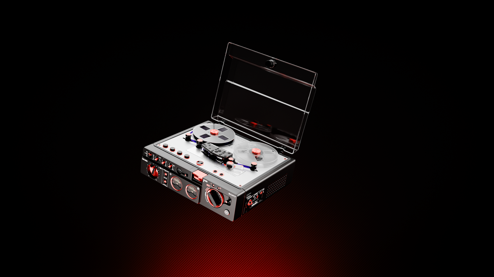 Retro tape recorder with open lid against dramatic black background. Isolated display.