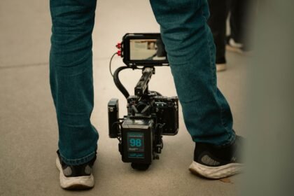 Close-up of a modern professional camera rig setup in outdoor filming.