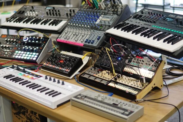 A diverse setup of electronic music production equipment on a wooden table, featuring synthesizers and sound mixers.