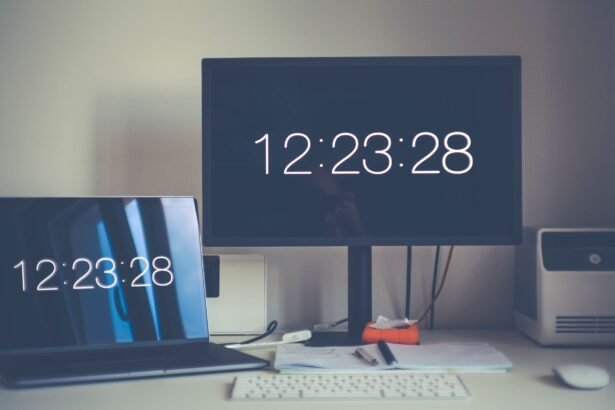 A contemporary desk setup featuring a laptop and monitor with digital clock displays.